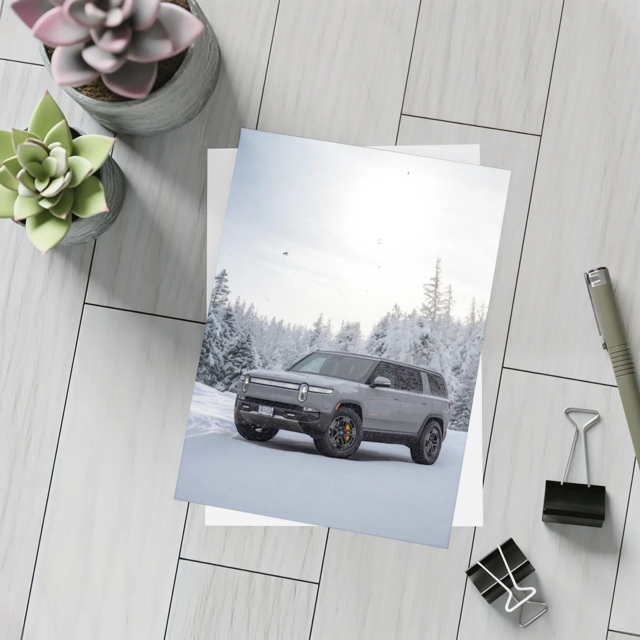 Rivian R1S SUV Snowy Winter Forest – Postcards