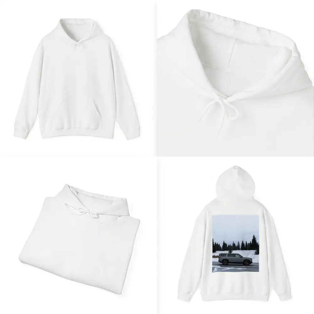 Rivian R1S Gray SUV Snowy Mountain Forest – Hoodies