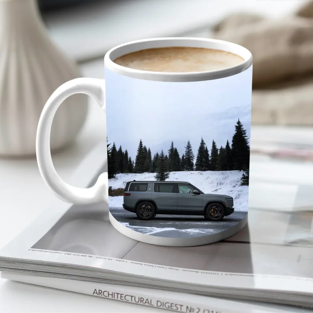 Rivian R1S Gray SUV Snowy Mountain Forest – Mugs