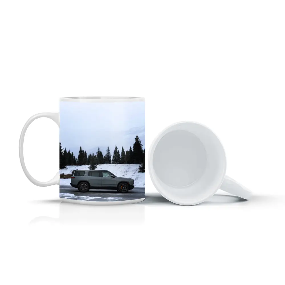 Rivian R1S Gray SUV Snowy Mountain Forest – Mugs