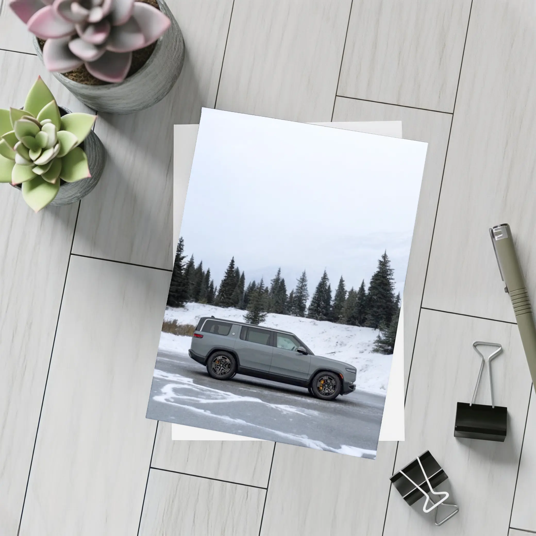 Rivian R1S Gray SUV Snowy Mountain Forest – Postcards