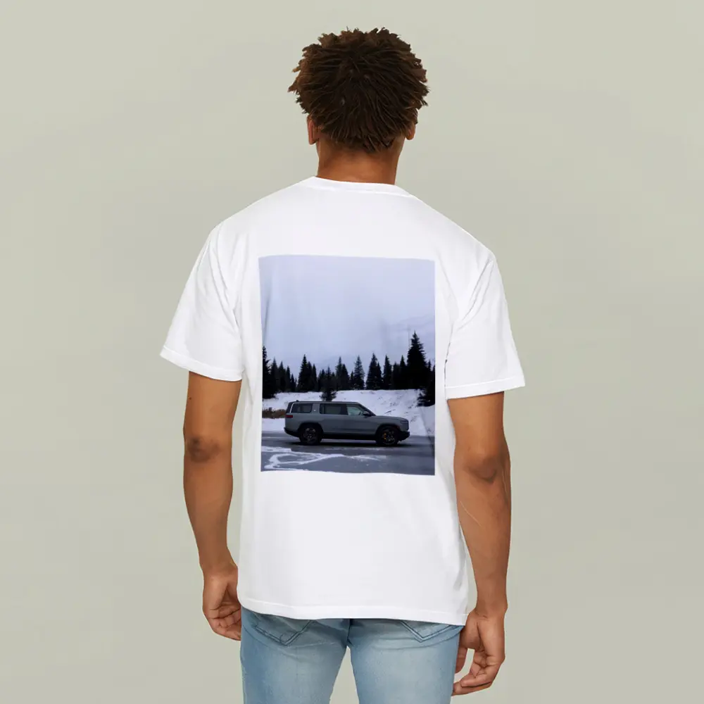 Rivian R1S Gray SUV Snowy Mountain Forest – T-Shirts