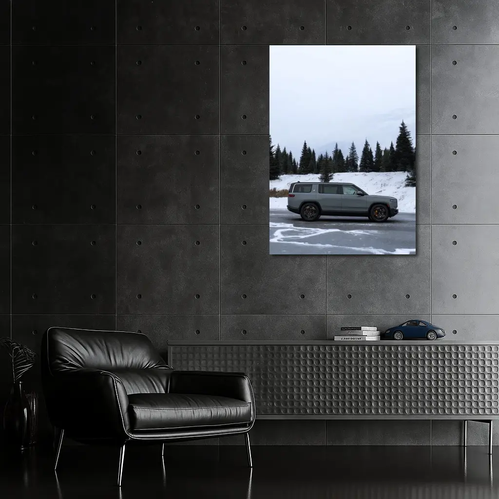 Rivian R1S Gray SUV Snowy Mountain Forest – Wall Art