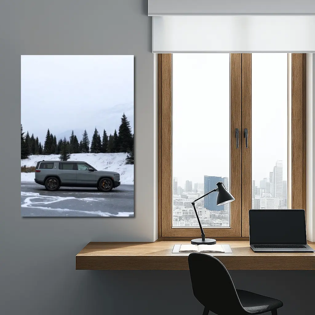 Rivian R1S Gray SUV Snowy Mountain Forest – Wall Art