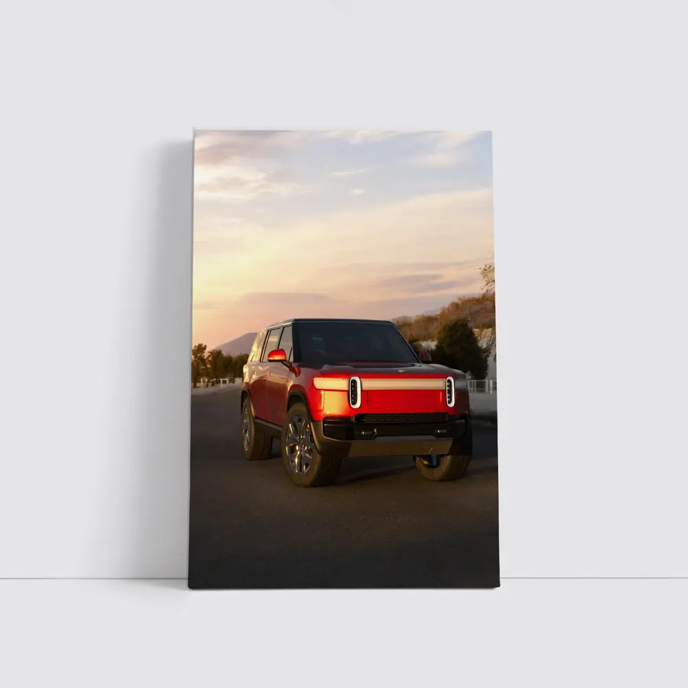 Rivian R1S Red SUV Sunset Sky – Wall Art