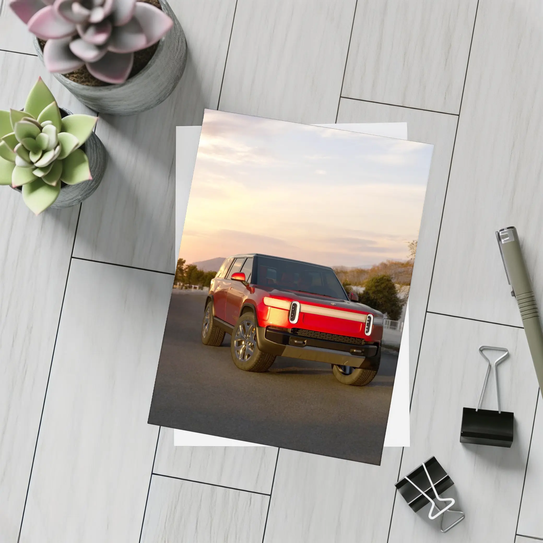 Rivian R1S Red SUV Sunset Sky – Postcards