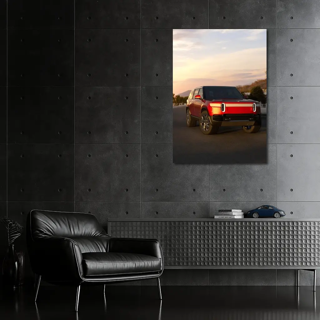 Rivian R1S Red SUV Sunset Sky – Wall Art