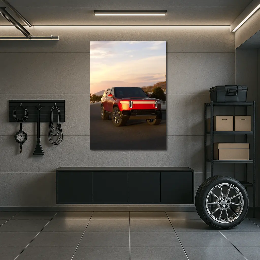 Rivian R1S Red SUV Sunset Sky – Wall Art