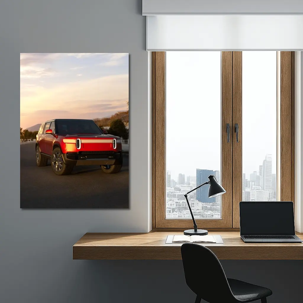 Rivian R1S Red SUV Sunset Sky – Wall Art