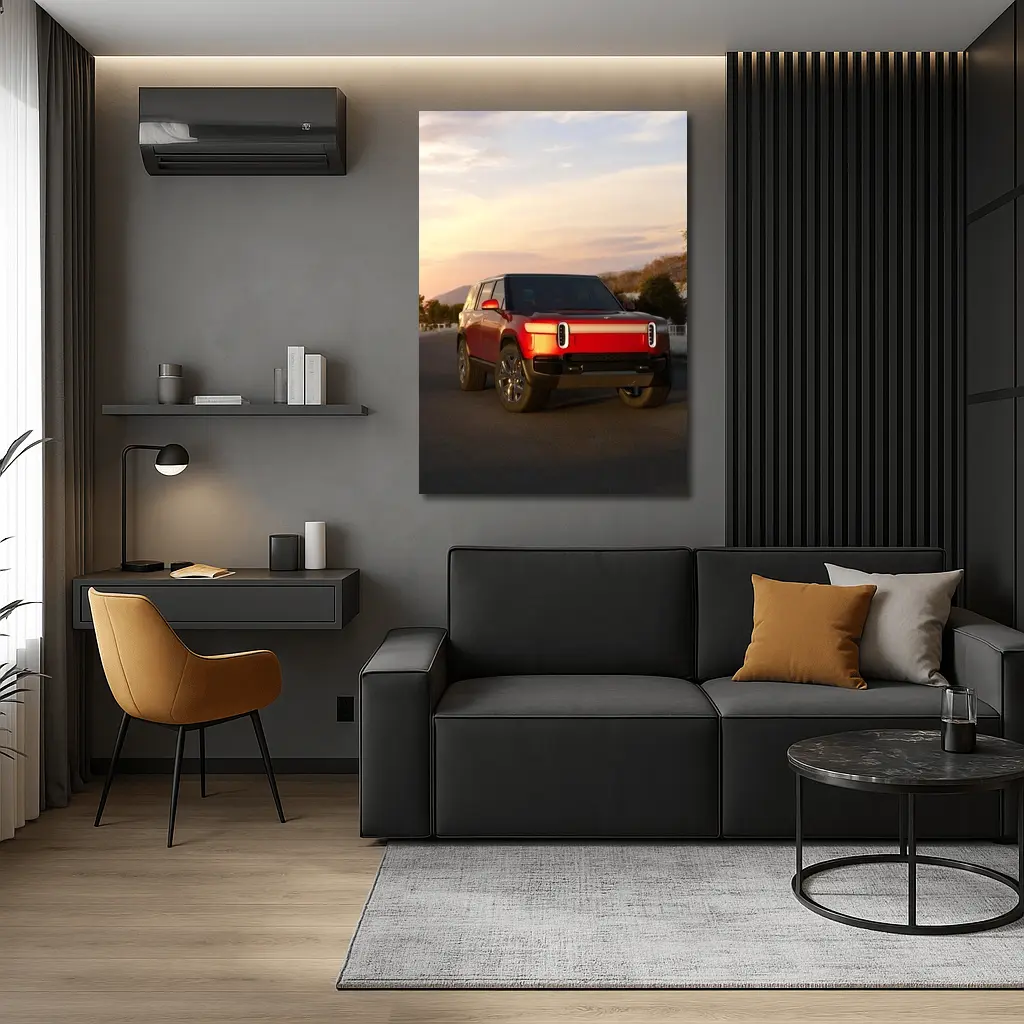 Rivian R1S Red SUV Sunset Sky – Wall Art