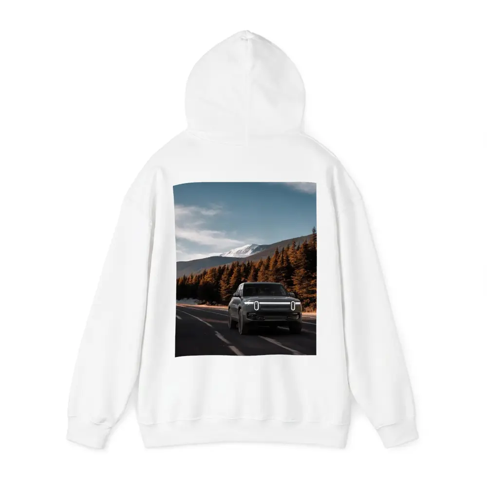 Rivian R1S on Mountain Road Forest Background – Hoodies