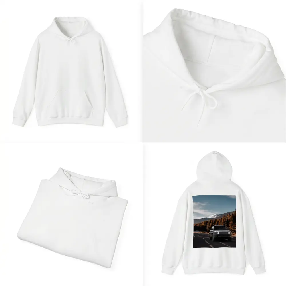 Rivian R1S on Mountain Road Forest Background – Hoodies