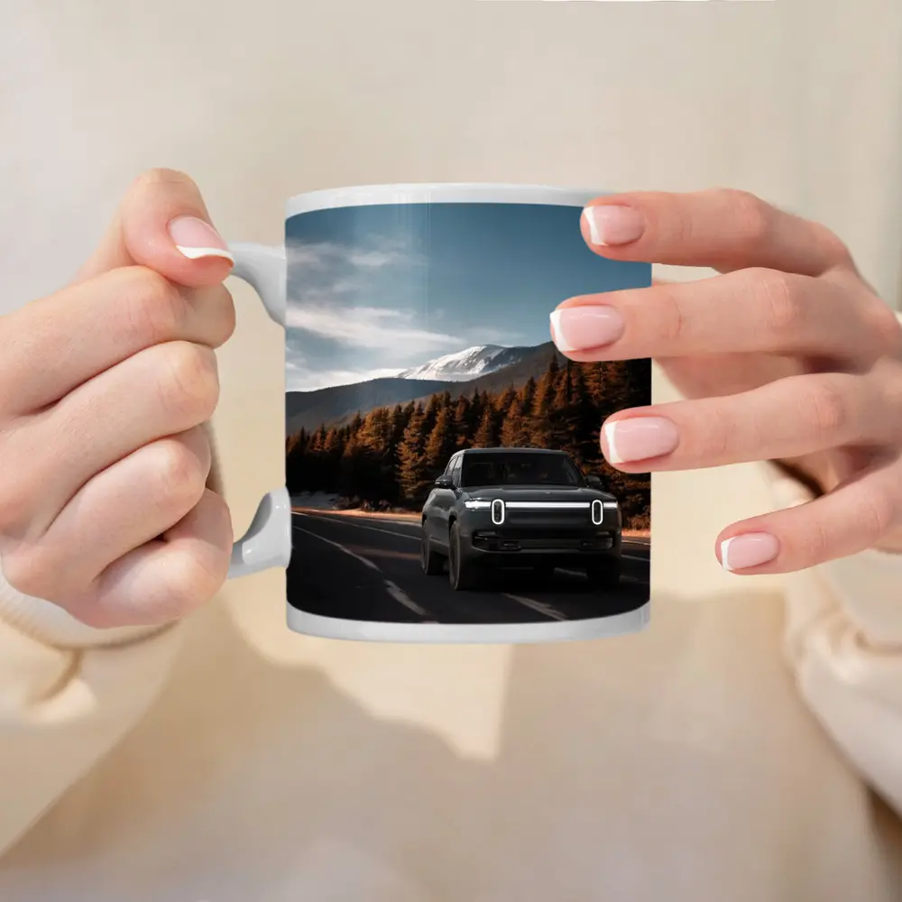 Rivian R1S on Mountain Road Forest Background – Mugs