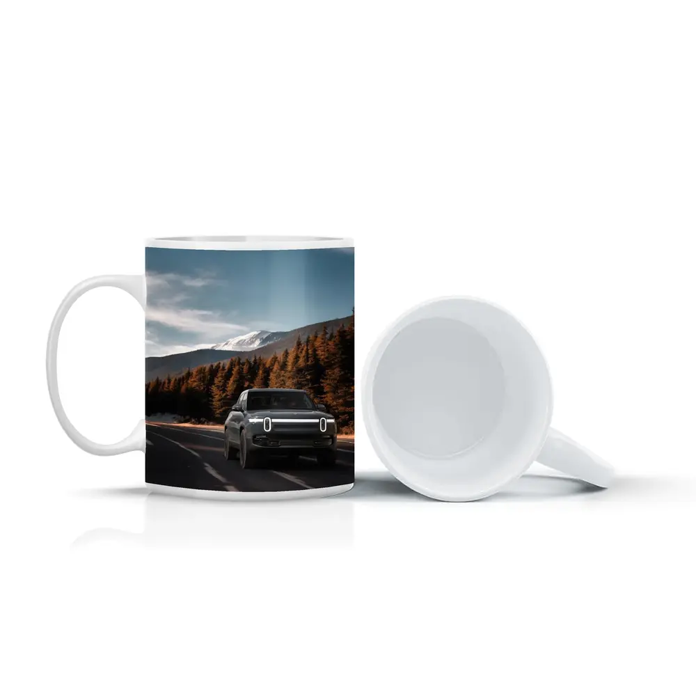 Rivian R1S on Mountain Road Forest Background – Mugs