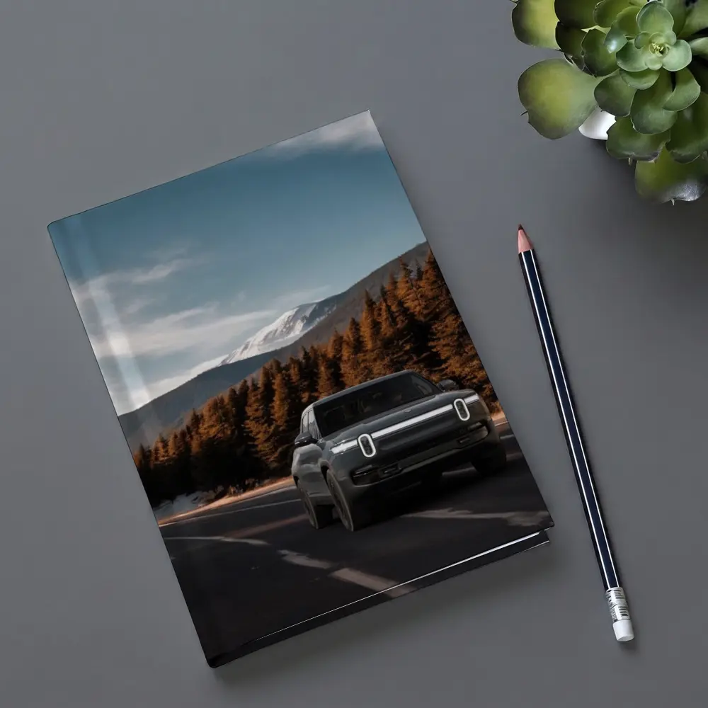 Rivian R1S on Mountain Road Forest Background – Notebooks