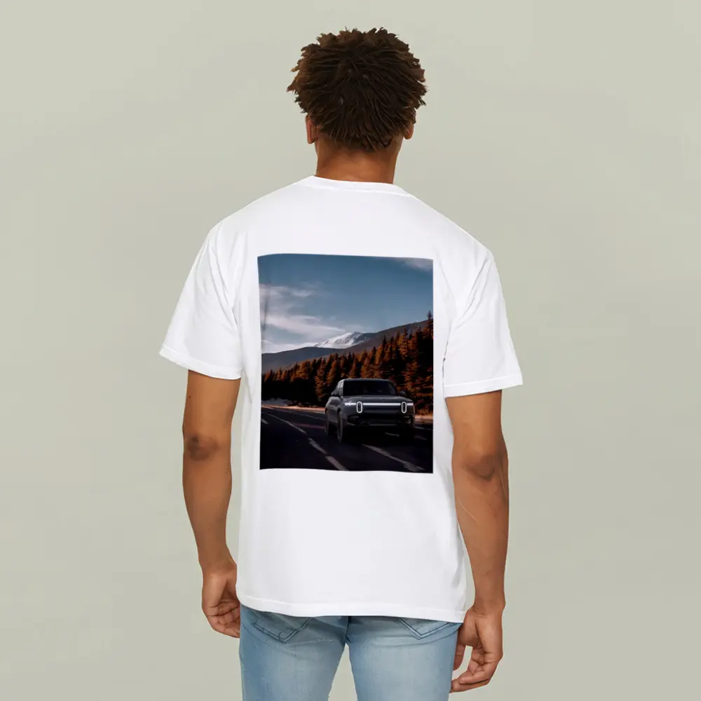 Rivian R1S on Mountain Road Forest Background – T-Shirts