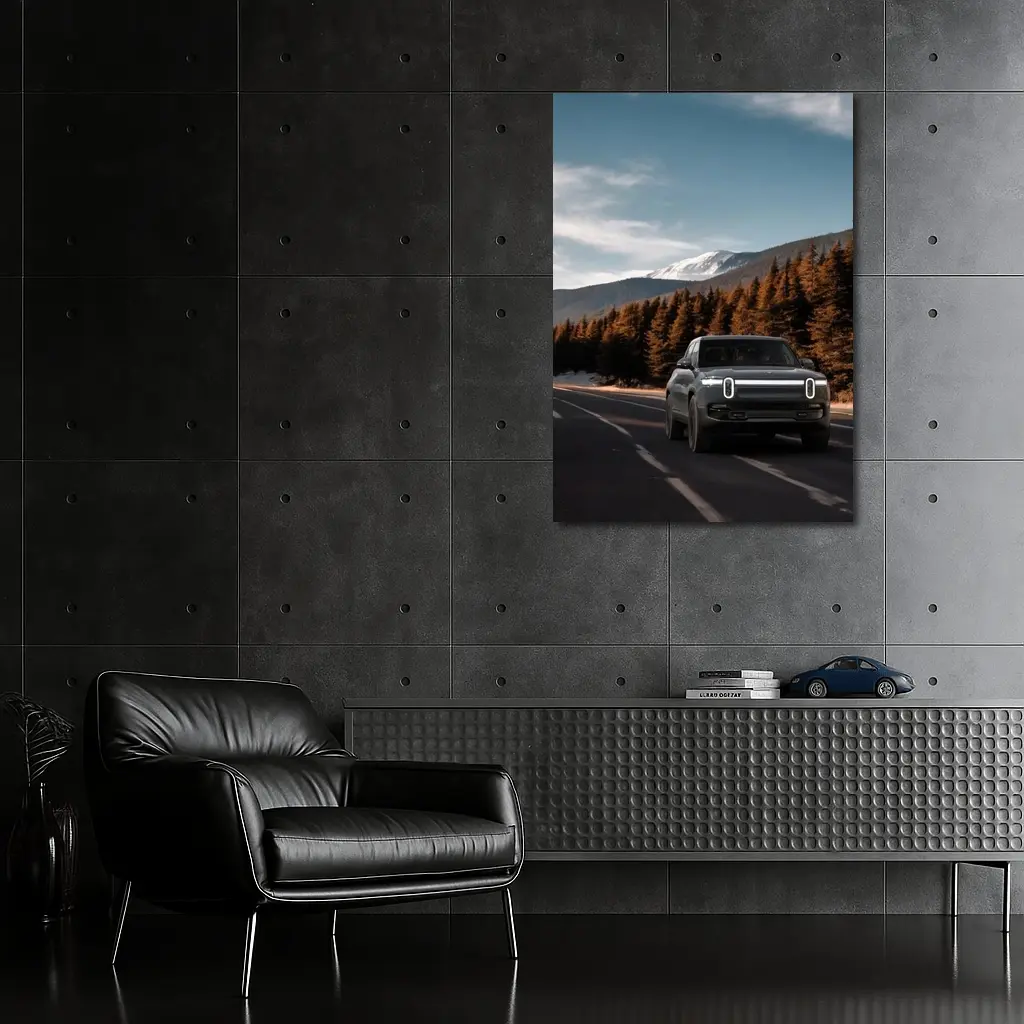 Rivian R1S on Mountain Road Forest Background – Wall Art