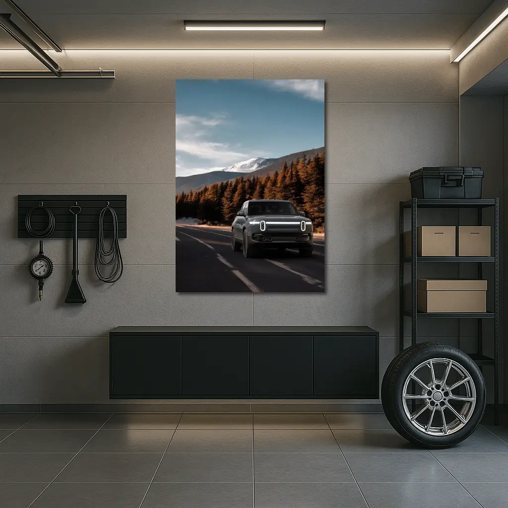 Rivian R1S on Mountain Road Forest Background – Wall Art