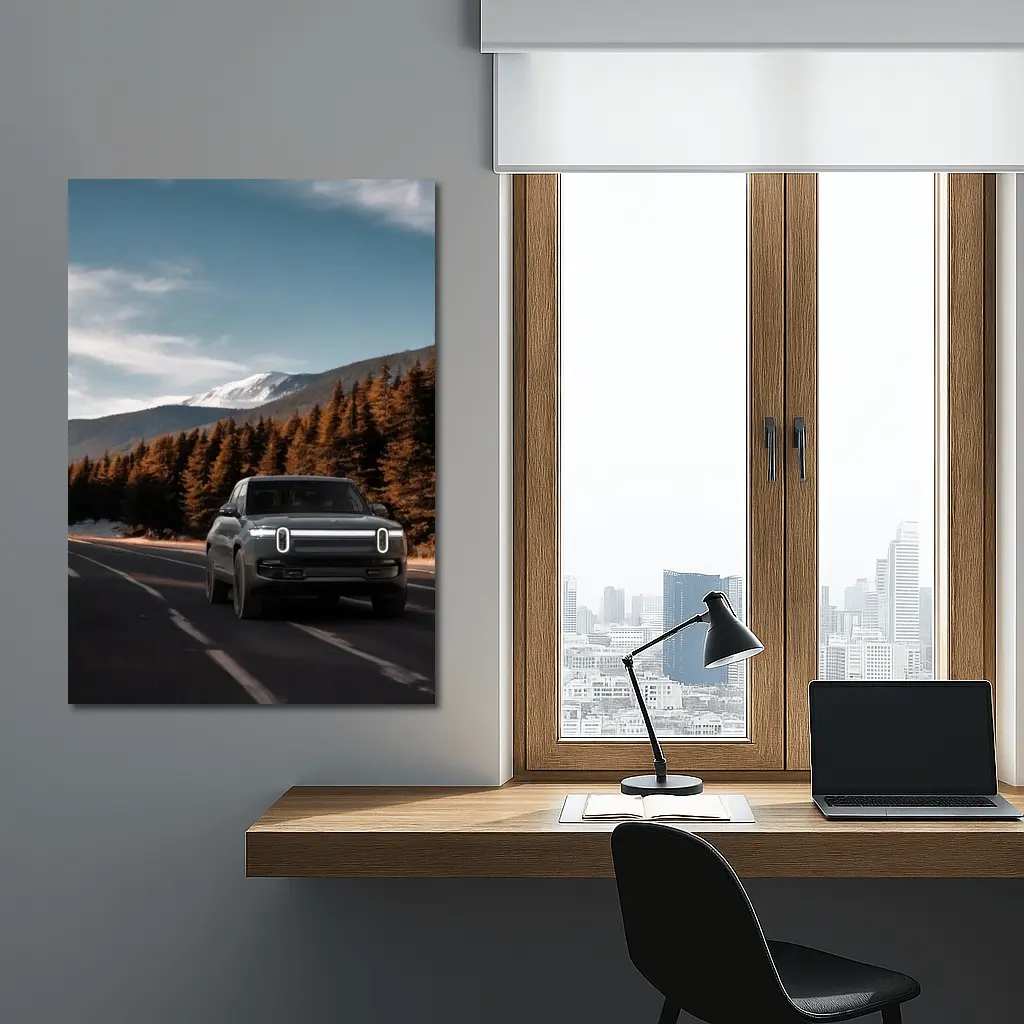 Rivian R1S on Mountain Road Forest Background – Wall Art