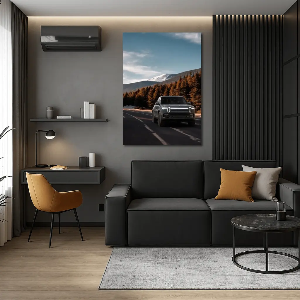 Rivian R1S on Mountain Road Forest Background – Wall Art
