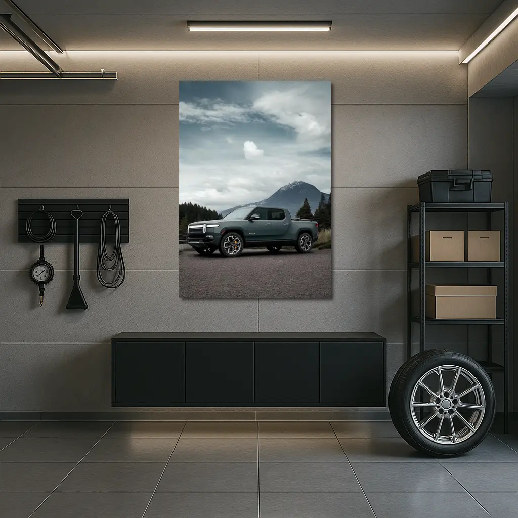 Rivian R1T Truck Mountain Cloudy Sky – Wall Art