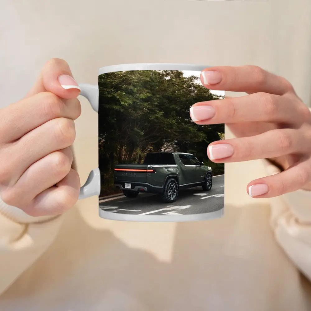 Rivian R1T Truck on Forest Road – Mugs