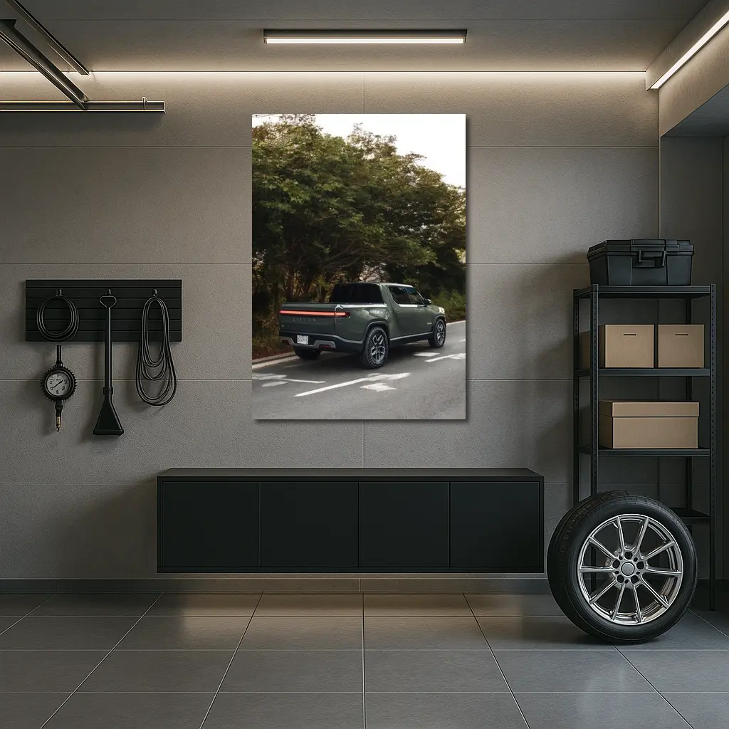 Rivian R1T Truck on Forest Road – Wall Art
