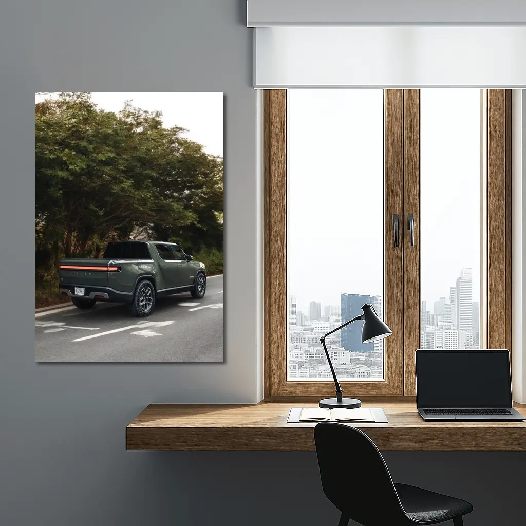 Rivian R1T Truck on Forest Road – Wall Art