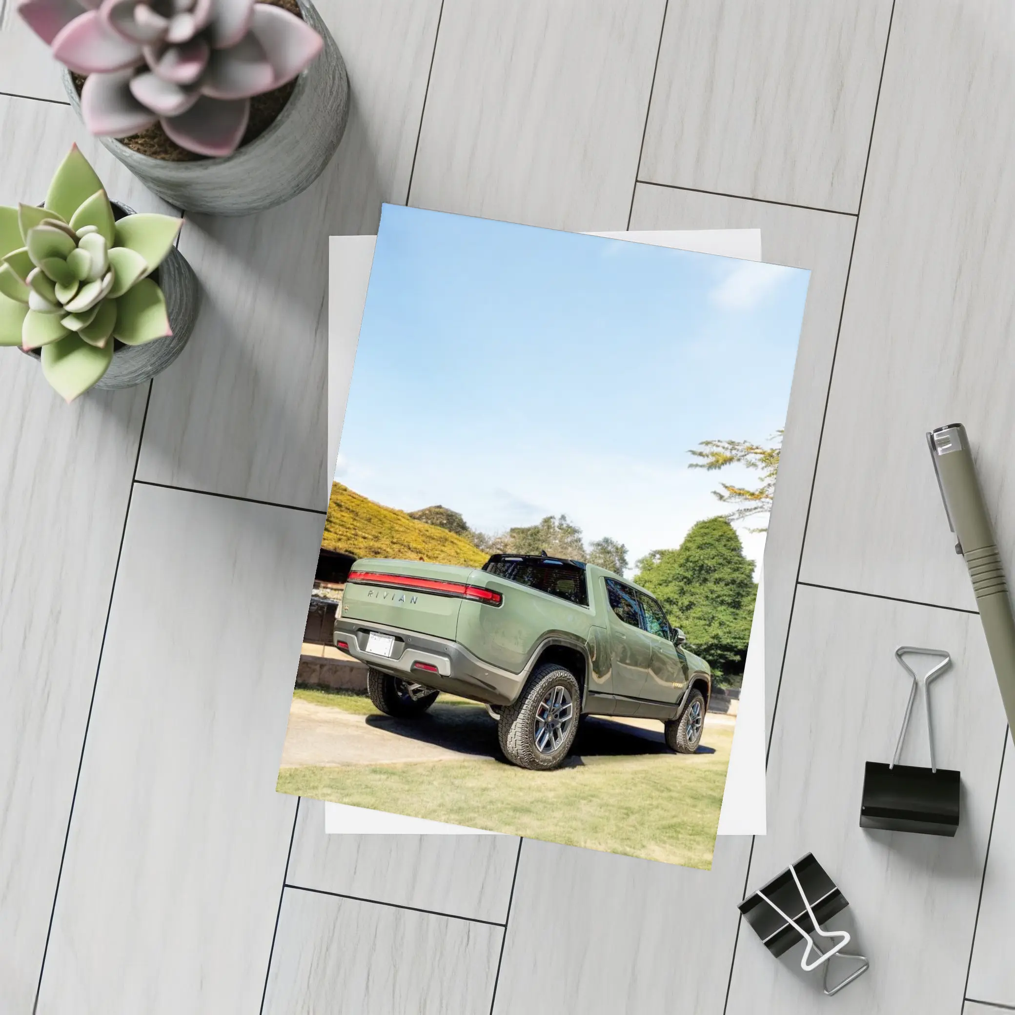 Rivian R1T Green Truck Outdoor Park Setting – Postcards
