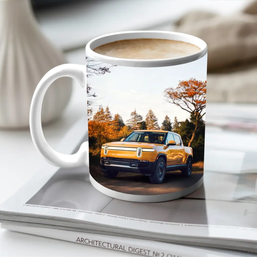 Rivian R1T Electric Truck Autumn Forest Setting – Mugs