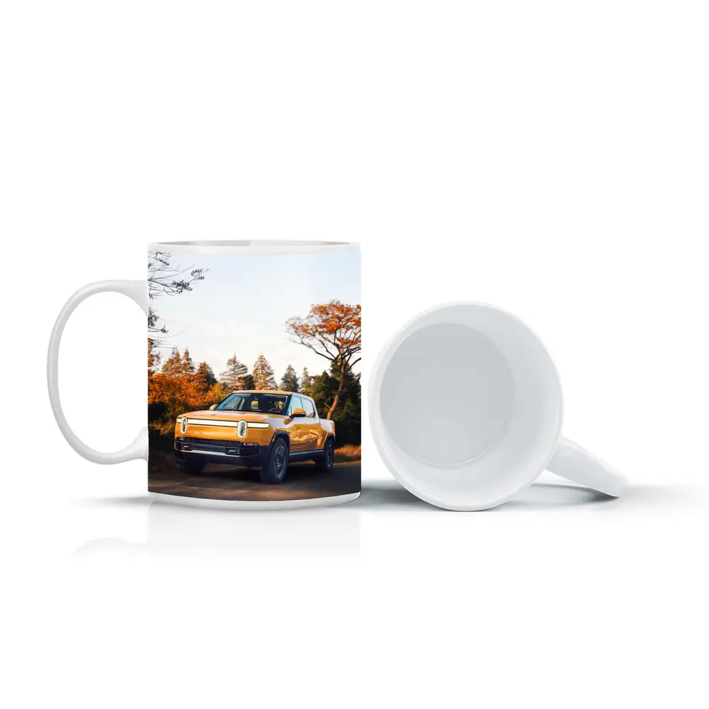 Rivian R1T Electric Truck Autumn Forest Setting – Mugs