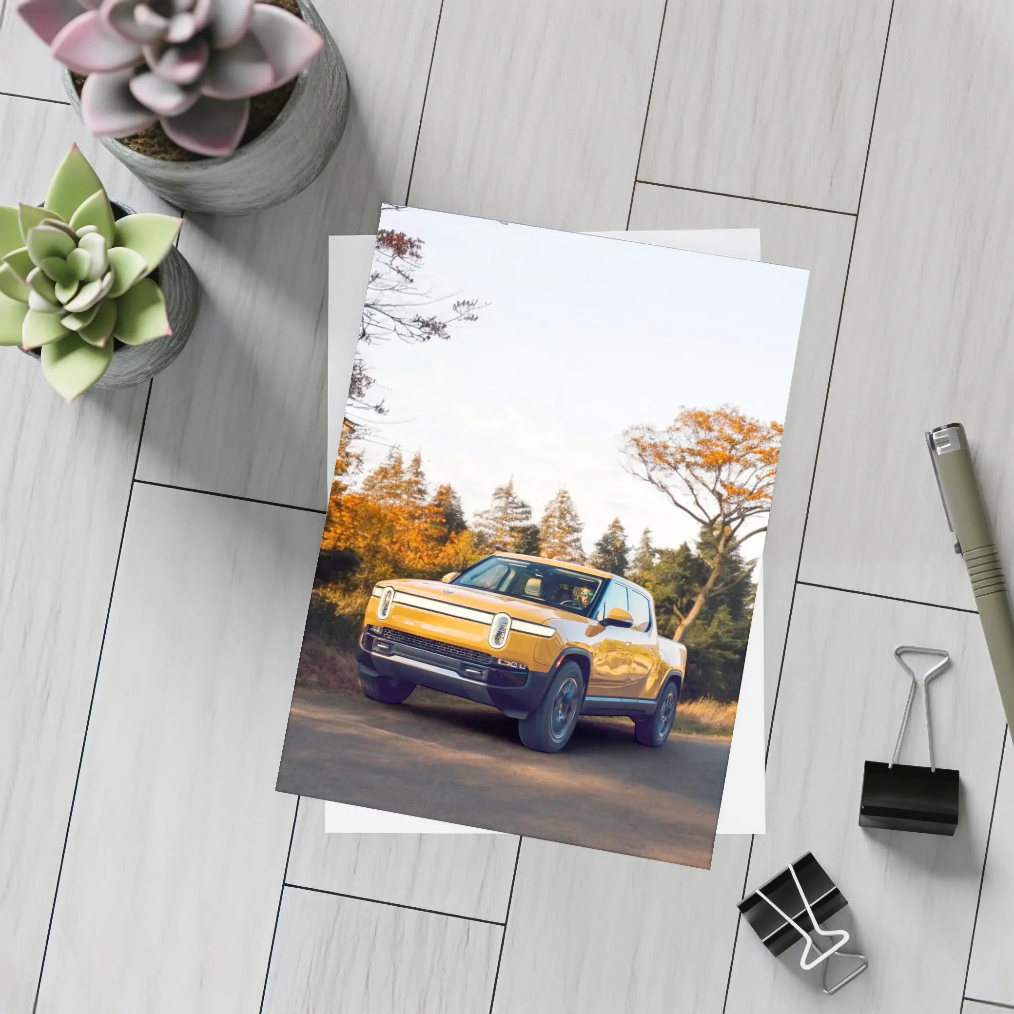 Rivian R1T Electric Truck Autumn Forest Setting – Postcards