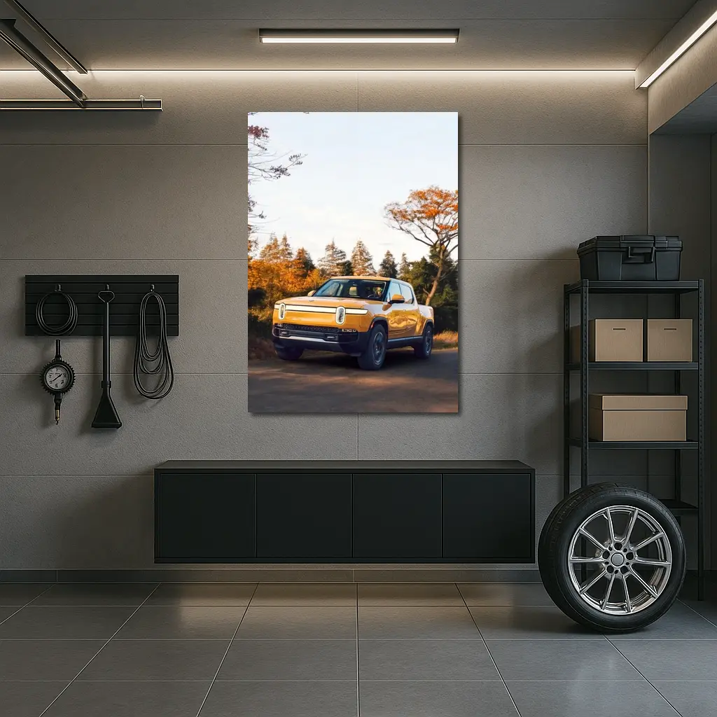 Rivian R1T Electric Truck Autumn Forest Setting – Wall Art