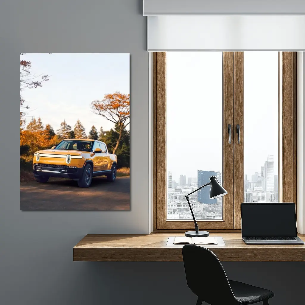 Rivian R1T Electric Truck Autumn Forest Setting – Wall Art