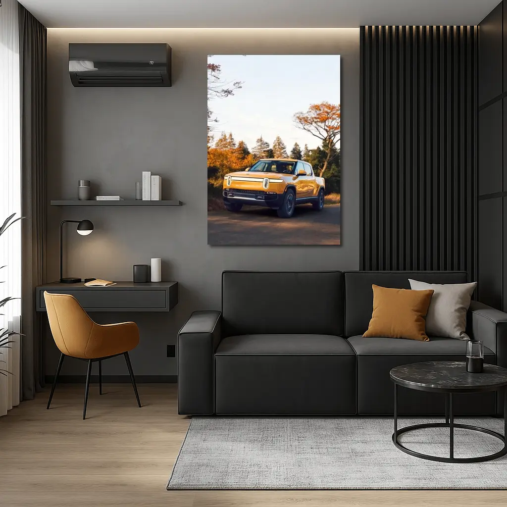 Rivian R1T Electric Truck Autumn Forest Setting – Wall Art