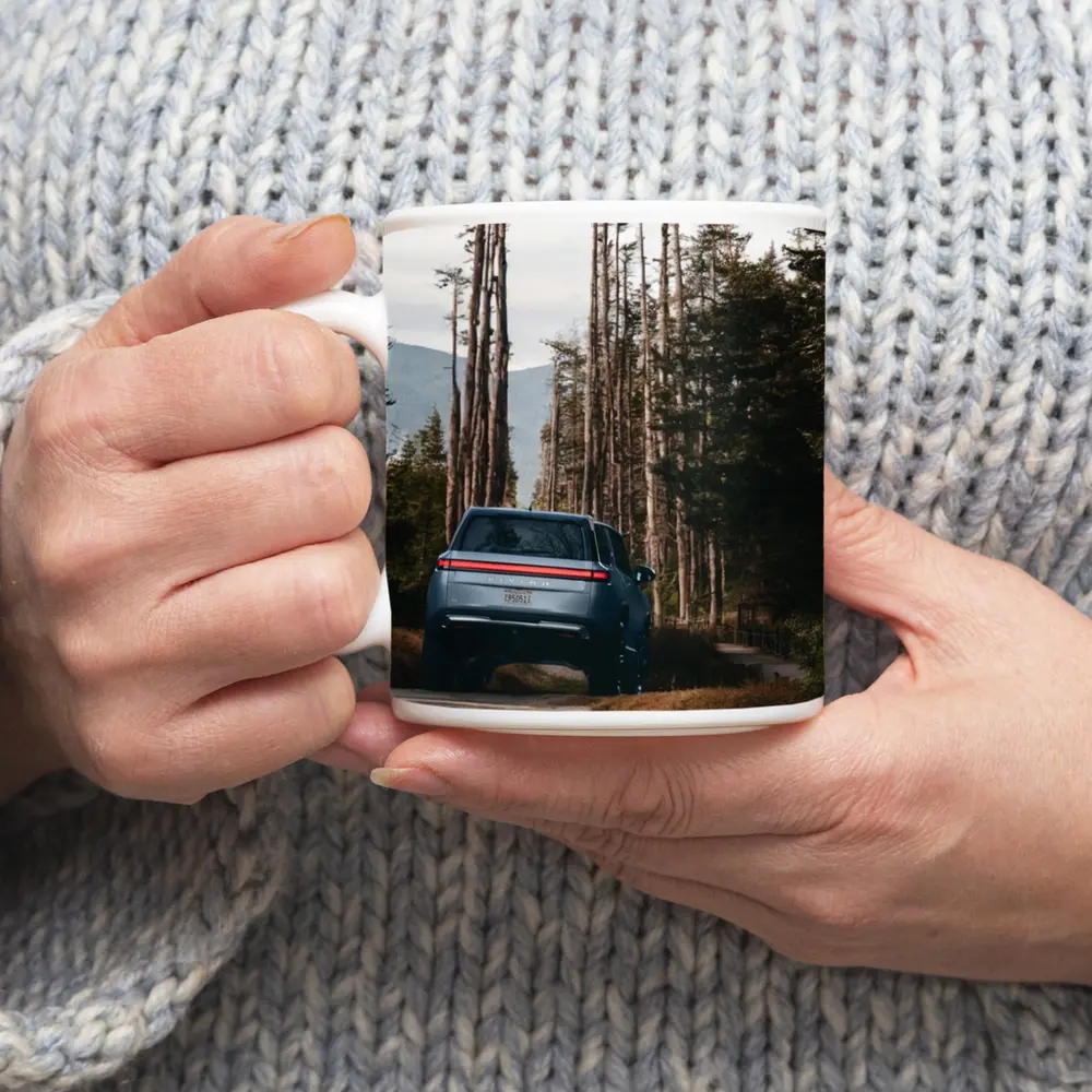 Rivian R1S SUV Winding Forest Mountain Road – Mugs