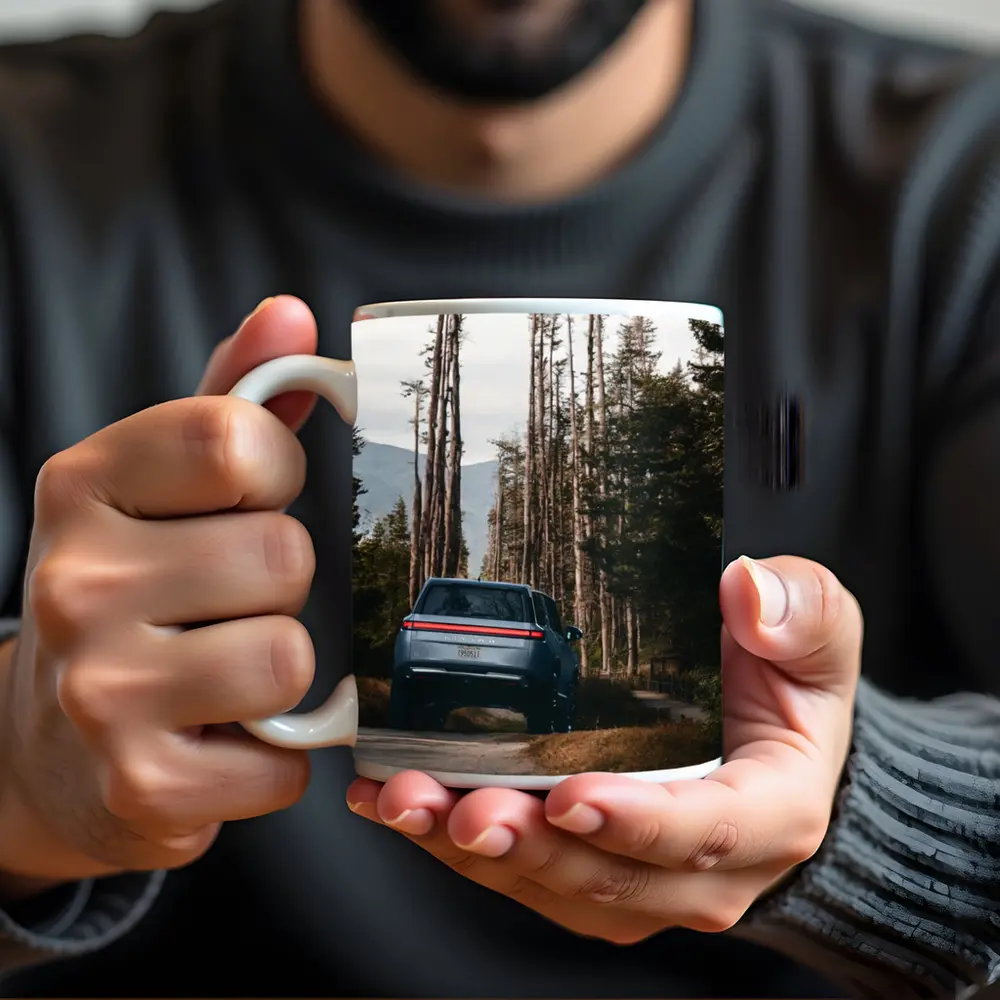 Rivian R1S SUV Winding Forest Mountain Road – Mugs
