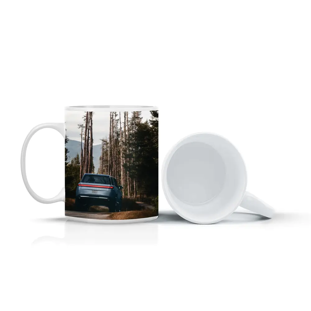 Rivian R1S SUV Winding Forest Mountain Road – Mugs