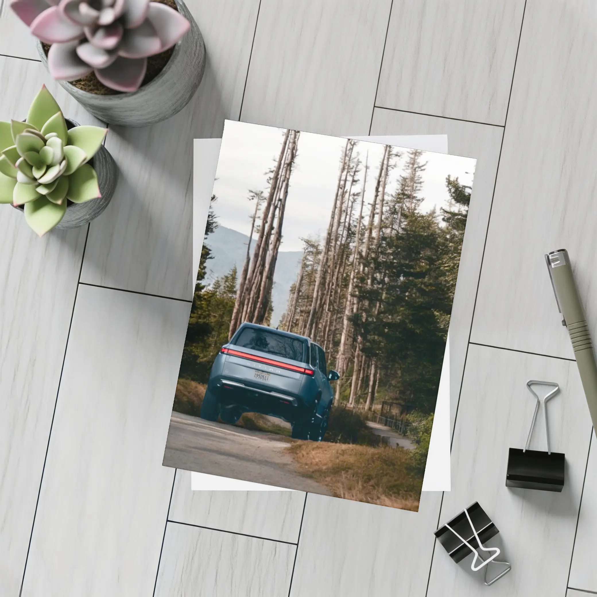 Rivian R1S SUV Winding Forest Mountain Road – Postcards