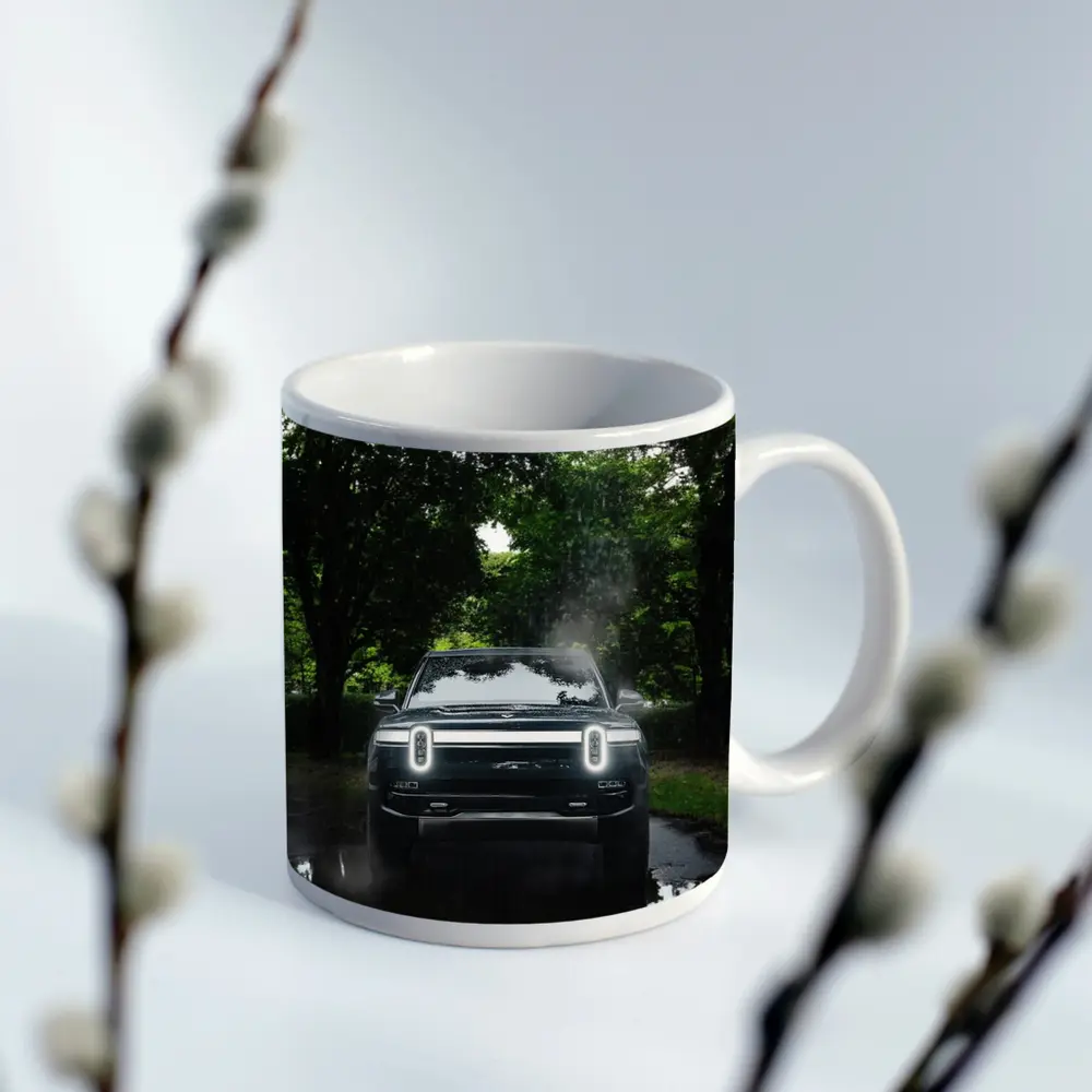 Rivian R1T Truck Rainy Forest Road – Mugs