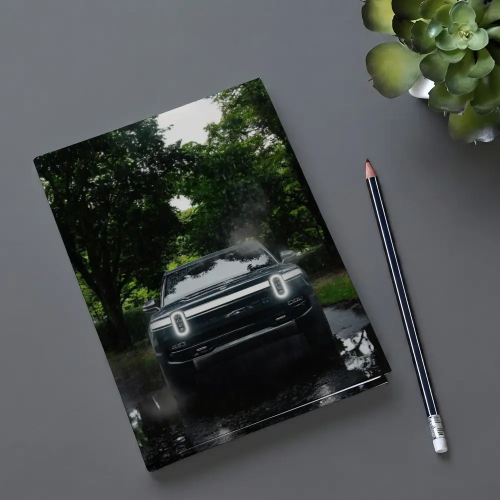 Rivian R1T Truck Rainy Forest Road – Notebooks