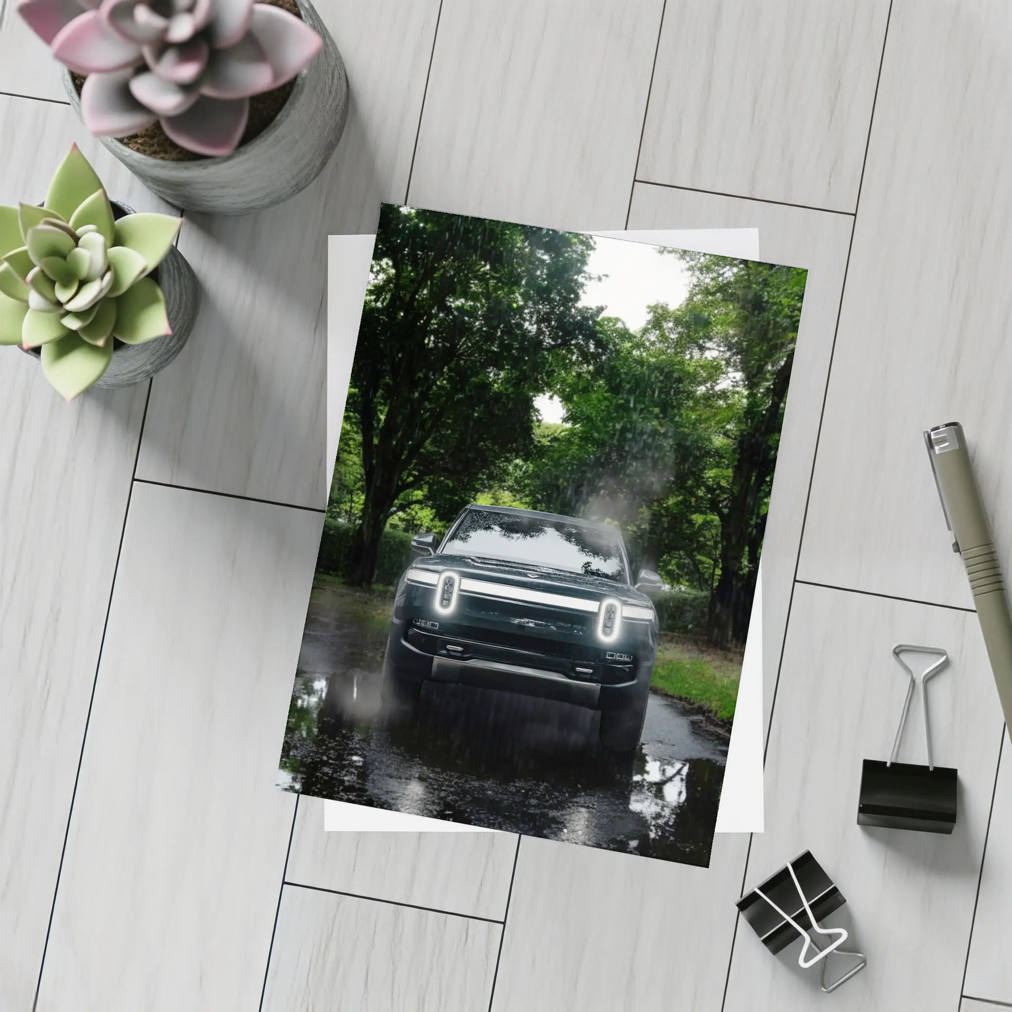 Rivian R1T Truck Rainy Forest Road – Postcards
