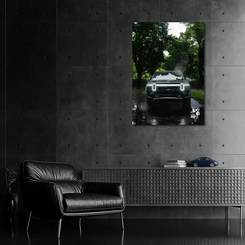 Rivian R1T Truck Rainy Forest Road – Wall Art