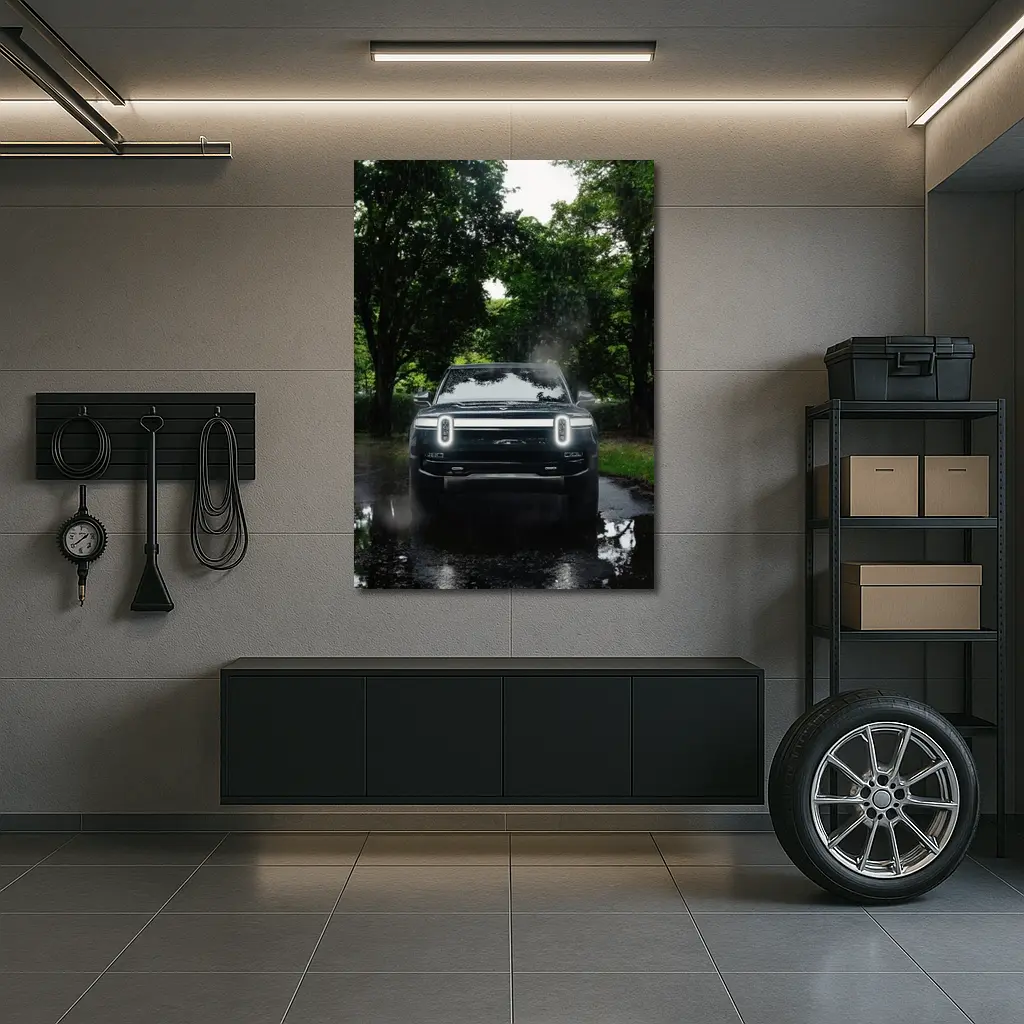 Rivian R1T Truck Rainy Forest Road – Wall Art