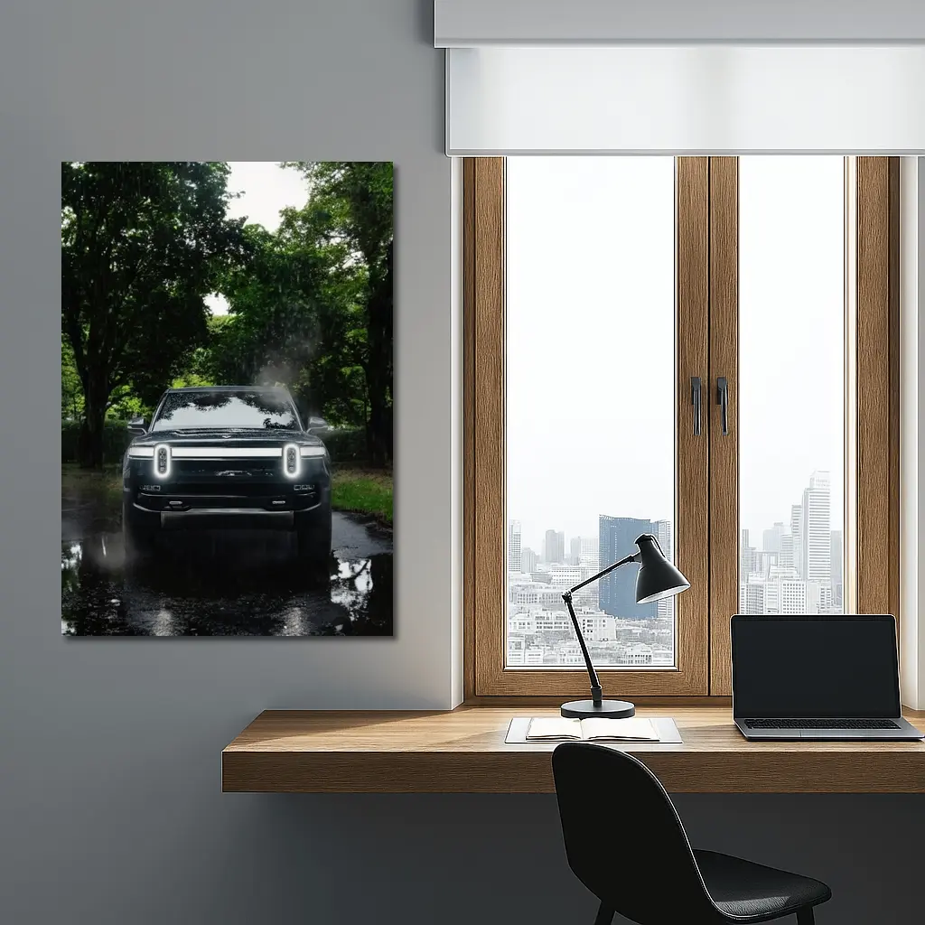Rivian R1T Truck Rainy Forest Road – Wall Art