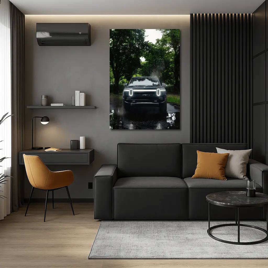 Rivian R1T Truck Rainy Forest Road – Wall Art