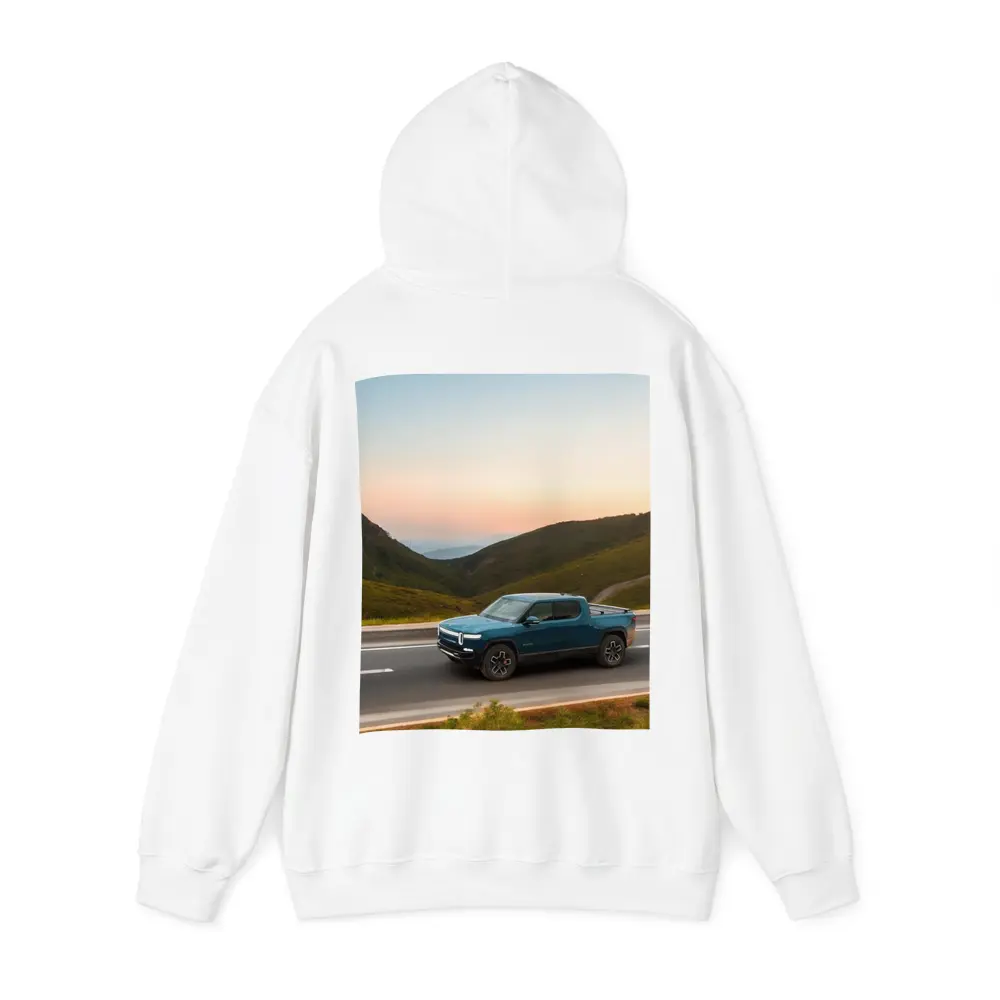 Rivian R1T Truck Rolling Through Mountain Valley – Hoodies