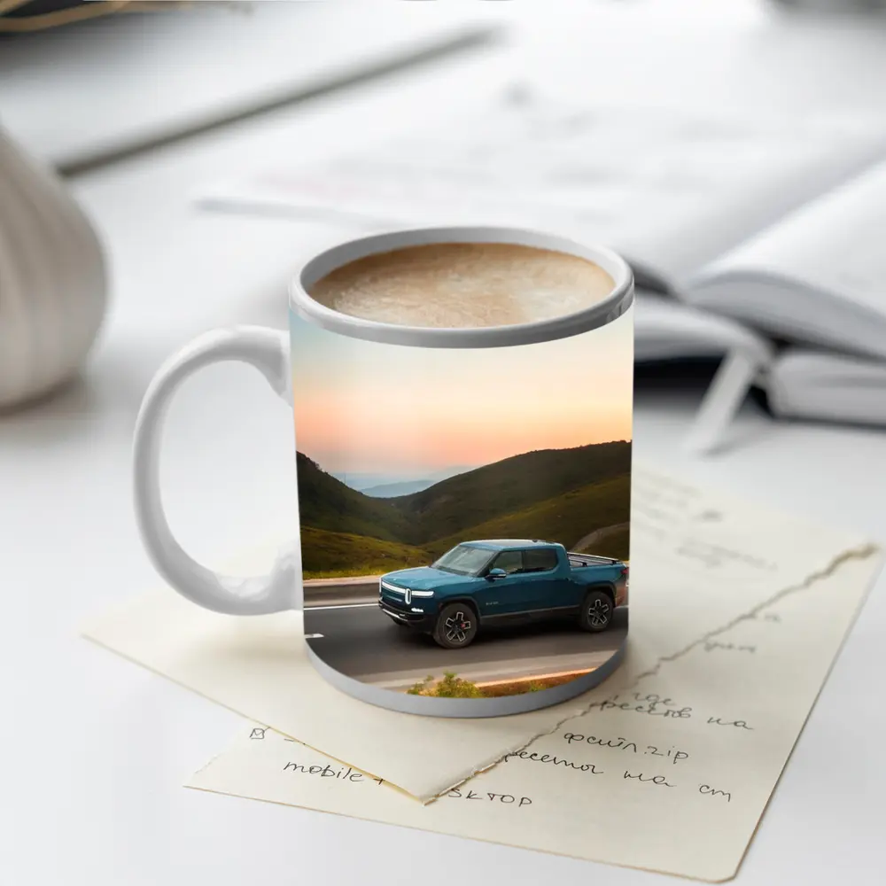 Rivian R1T Truck Rolling Through Mountain Valley – Mugs