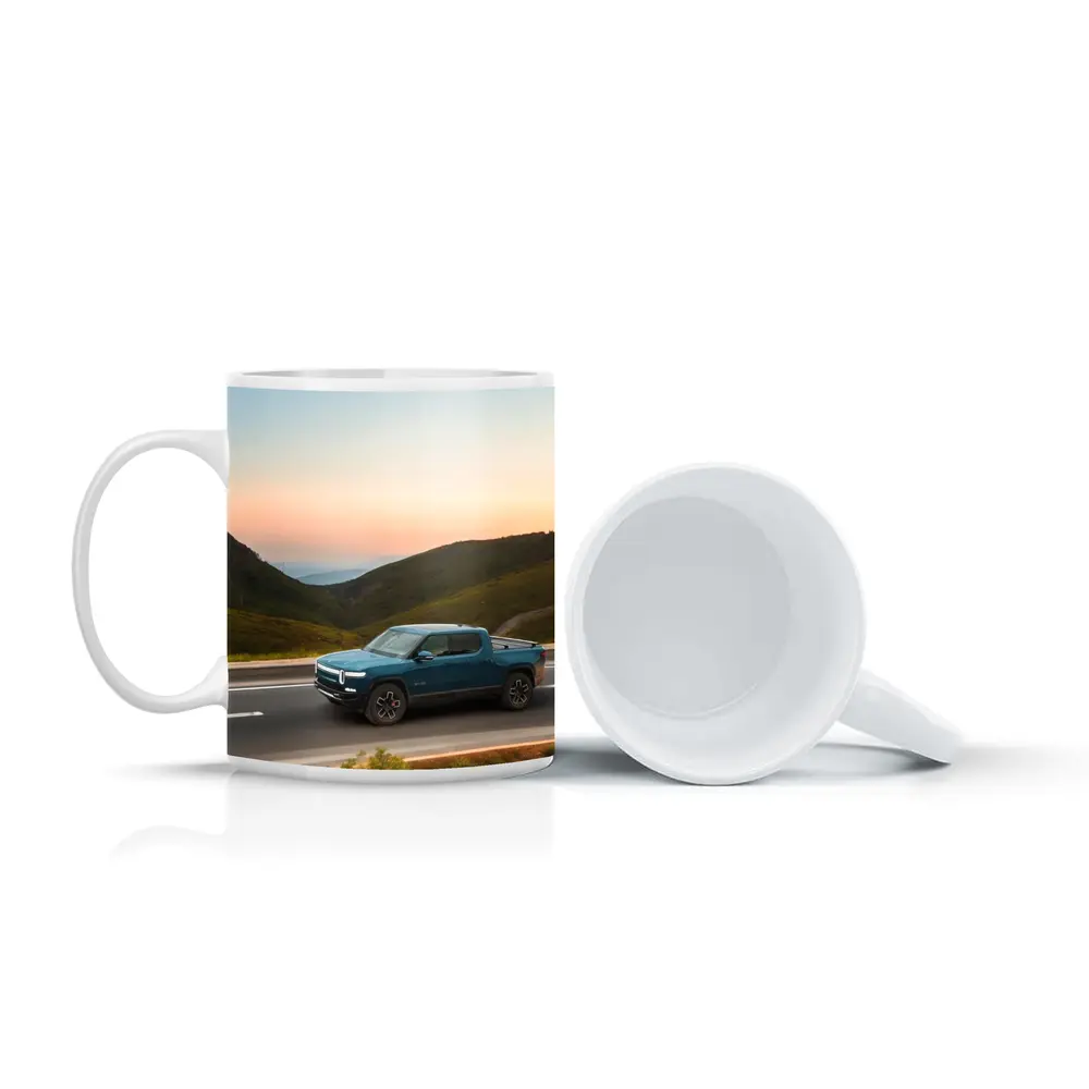 Rivian R1T Truck Rolling Through Mountain Valley – Mugs