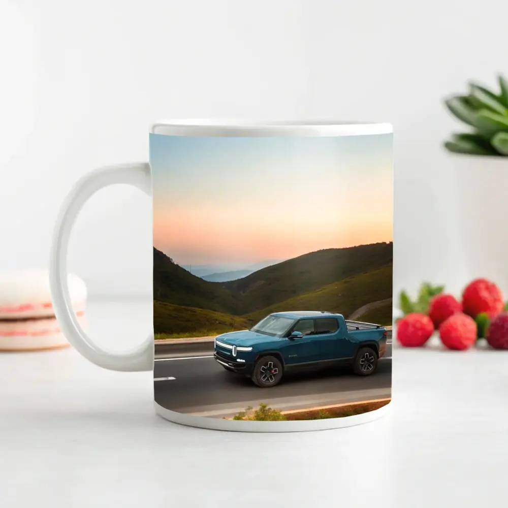 Rivian R1T Truck Rolling Through Mountain Valley – Mugs